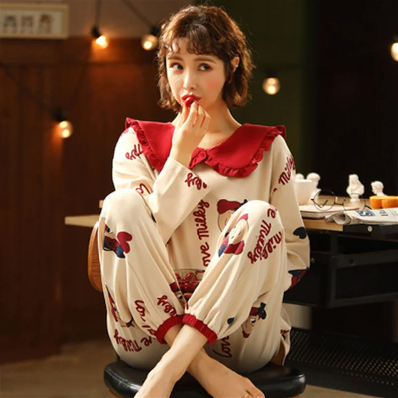 Pajamas Set Sexy Princess Sleepwear For Women Pink Elastic Pyjama Women's Cotton Fashion Soft Homewear Autumn Clothes Big Size