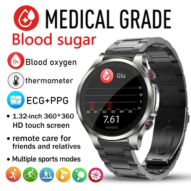 2023 New Noninvasive Blood Sugar ECG+PPG Smart Watch Men Heart Rate Blood Oxygen Health Smartwatch Women Waterproof Sports Watch