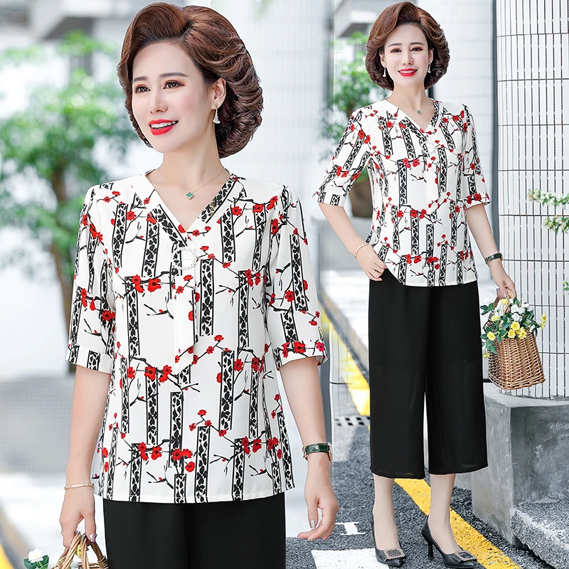 Блузка женская шифоновая с коротким рукавом и V-образным вырезом