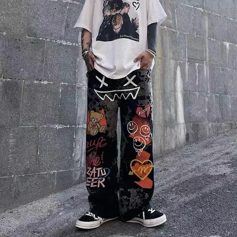 

Y2K Emo Women Streetwear Harajuku Korean Cartoon Straight Alt Denim Washed Grunge Trousers Jeans Men Baggy Jean Pants Clothes