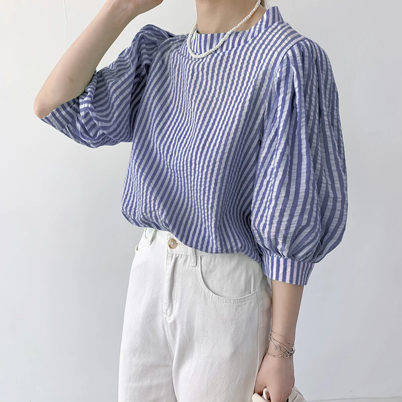 

Korean Puff Half Sleeve White Blouse Women Spring Summer Shirt Vintage Loose Office Lady Tops