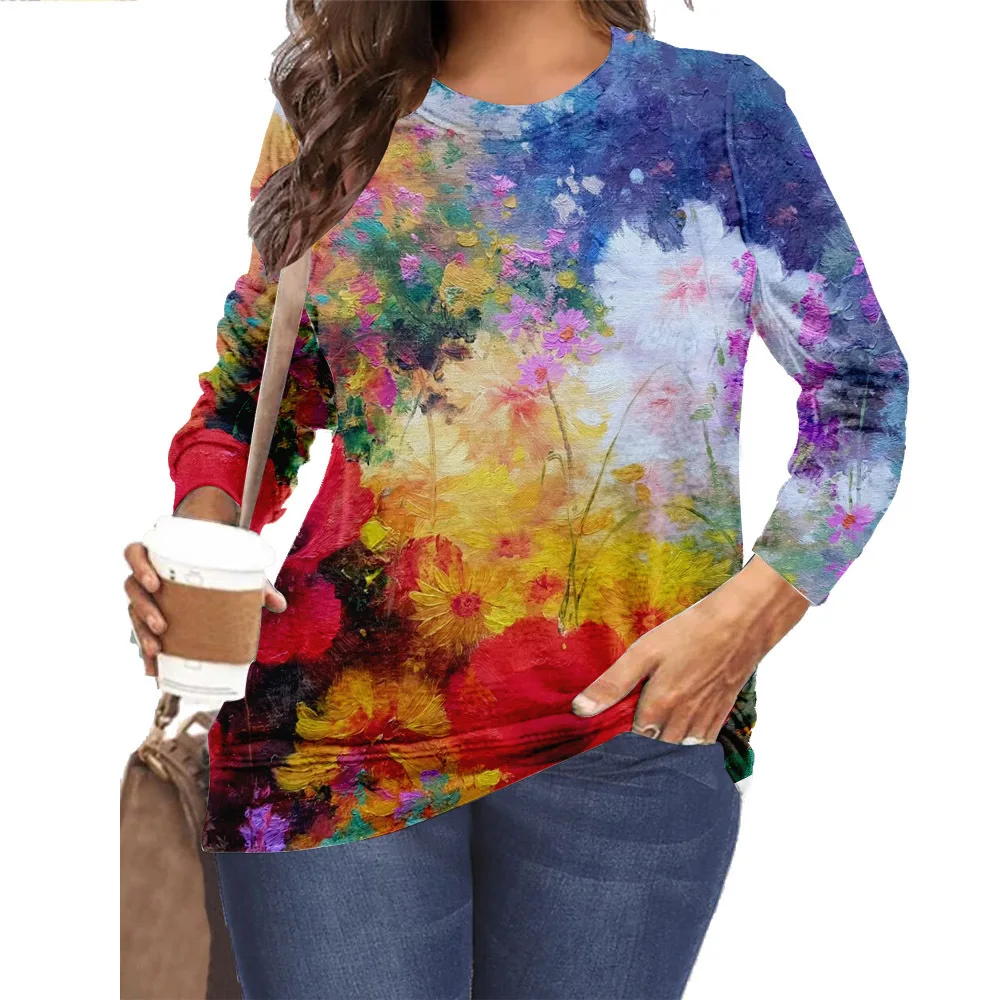 

2021 new landscape print European and American plus size women's loose long-sleeved T-shirt shirt style
