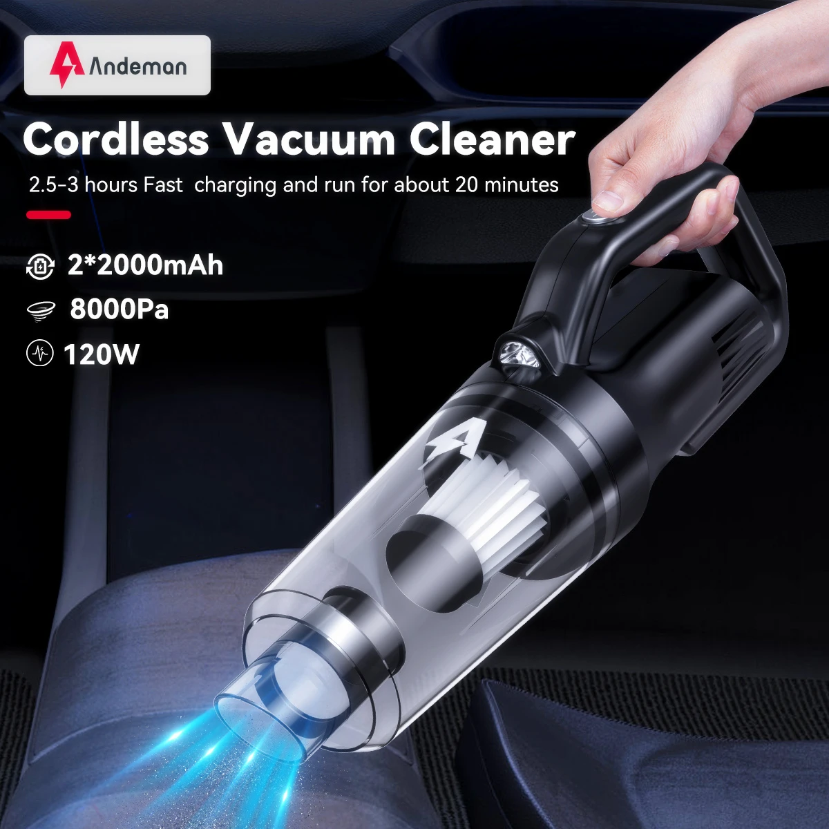

8000Pa Portable Cordless Vacuum Cleaner 120W Handheld Suction Rechargeable Wireless for Auto Car Home Household Pet Cleaning