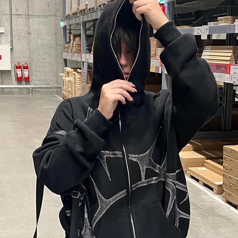 

Goth Dark Mall Gothic Full Zipper Women Fall Hoodies Grunge Aesthetic Harajuku Streetwear Sweatshirts Thorns Rhinestone Cardigan