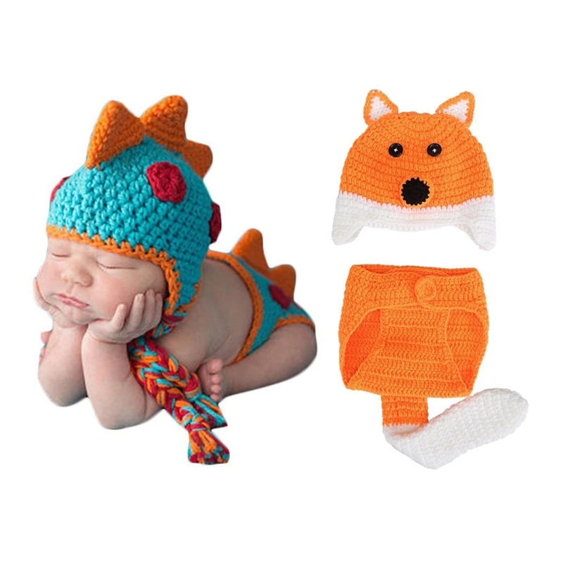 

2 Set Baby Crochet Knitted Photo Photography Props Handmade Baby Hat Diaper Outfit For 0-6 Months Baby - Fox & Dinosaur