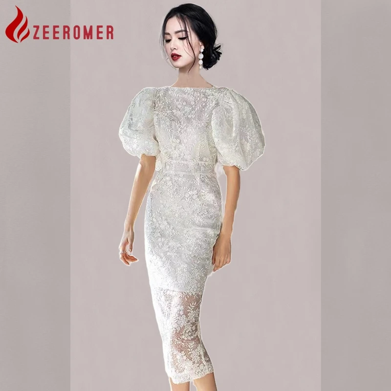 

Летнее Новое модное роскошное кружевное платье ZEEROMER 2023 с цветочной вышивкой, женское платье миди с круглым вырезом, коротким рукавом-фонариком и высокой талией