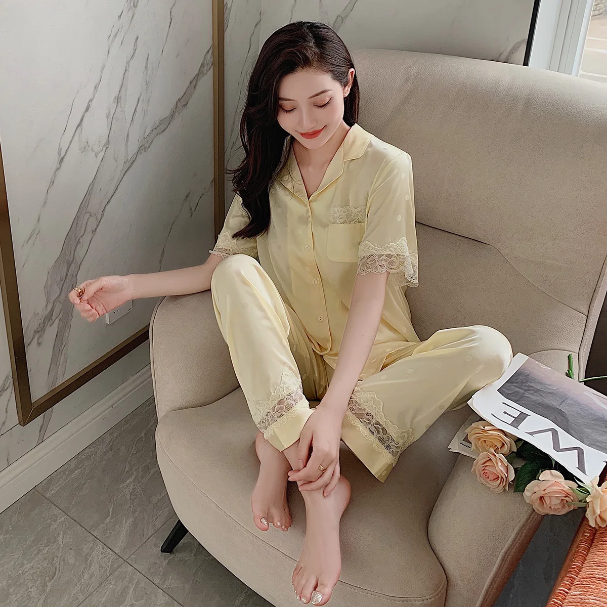 

Sexy lace dot satins ice silk sleepwear women pajamas sets summer Short sleeve trousers pyjamas Women's summer suit 99179