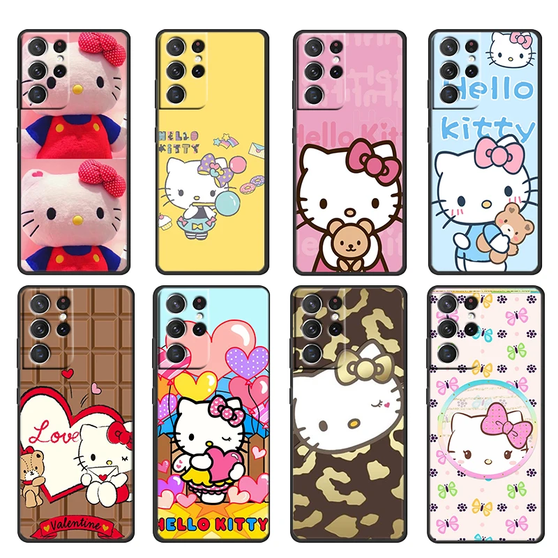 

HelloKitty Anime Cartoon For Samsung Galaxy S22 S21 S20 Ultra Plus Pro S10 S9 S8 S7 5G Soft Silicone Black Phone Case Cover Capa
