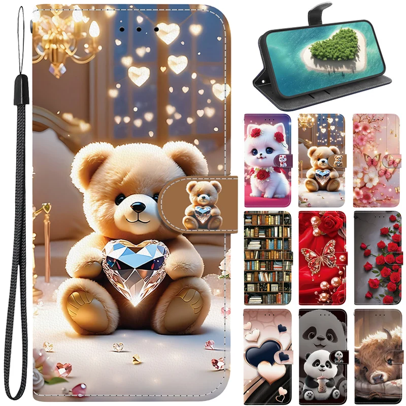Фото Чехол-кошелек Note15/Note14Pro+ с рисунком кошки и медведя для Redmi 15C 14C 13C A5 A3 Note 15 14 13 Pro Plus 5G 4G, с подставкой и ремешком №1