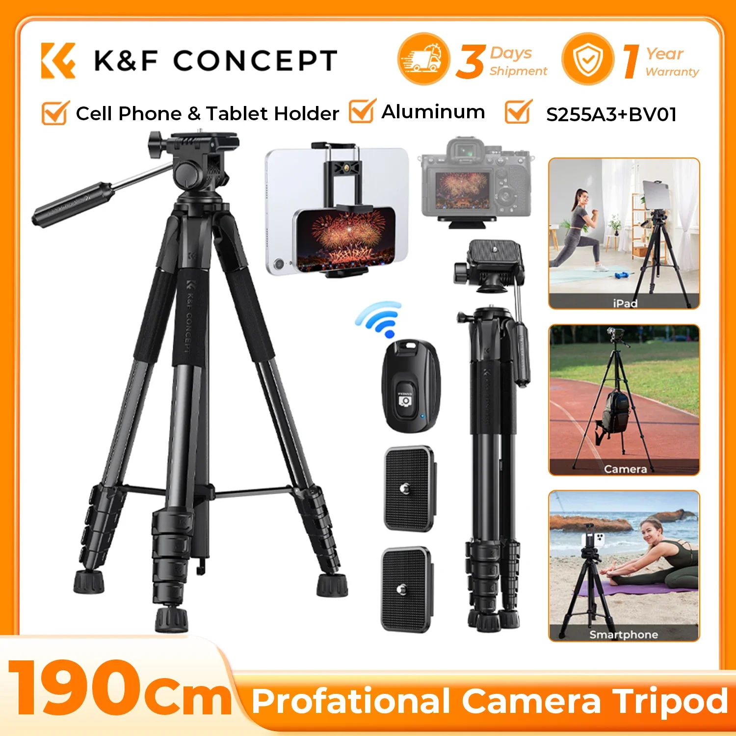 Фото K&F CONCEPT Штатив для камеры 190 см, легкий портативный туристический штатив для DSLR, подставка для съемки видео на камеру и телефон №1