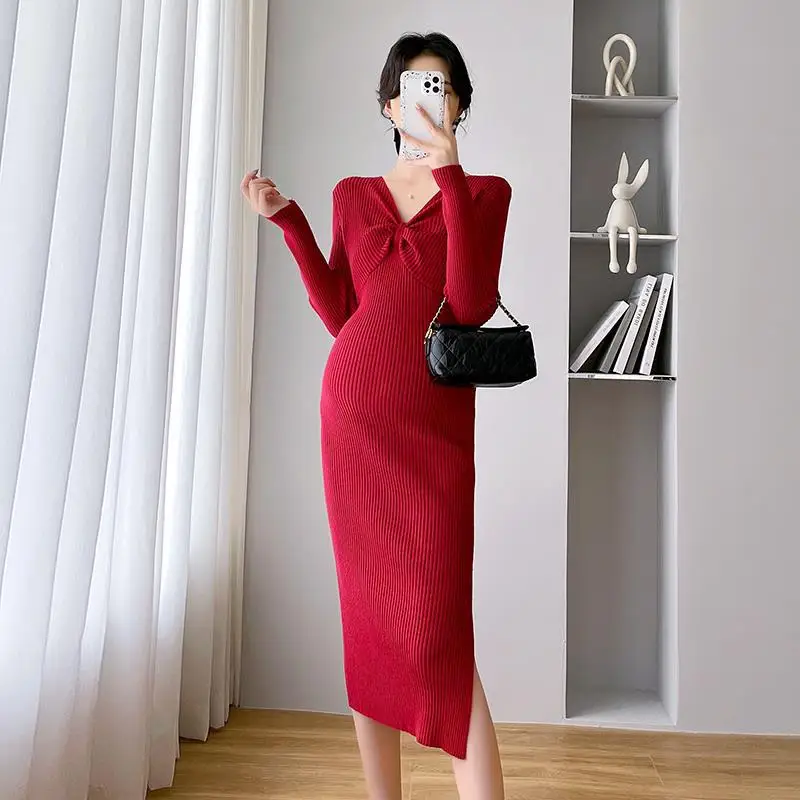 

Осеннее трикотажное платье для беременных Модная приталенная одежда с V-образным вырезом для беременных шикарная Одежда для беременных с разрезом