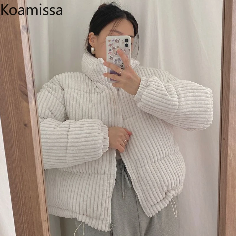 Koamissa 2021 Autumn Winter  Short Corduroy Jacket Women Thick Zipper Cotton Padded Parkas Fashion Solid Stand Collar Warm Coat