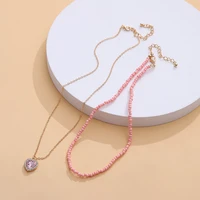 cute pink heart chokers necklace for women girl double layer pendant necklace pink cotta beads chain rhinestone pendant necklace