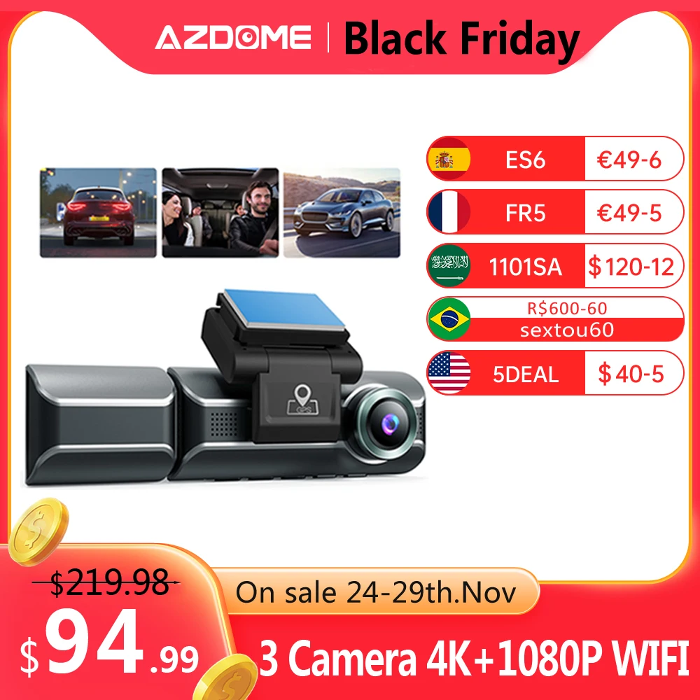 AZDOME M550 Dash Cam 4K+1080P Front, Rear and Cabin Inner Car DVR 3 Cameras GPS IR Night Vision WIFI Dash Camera APP Control