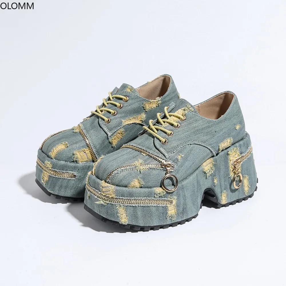 

Womens Rhinestones Crystal Denim Metal Platform Creepers Shoes Japanese Harajuku Lace Up Chunky High Heel Rock JK New 2023