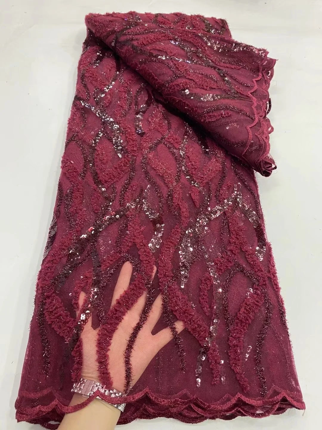 

Luxury Wine African Sequence Lace Fabric 2022 High Quality French Tulle Lace Fabric Beads Embroidery For Nigerian Bridal Sequins