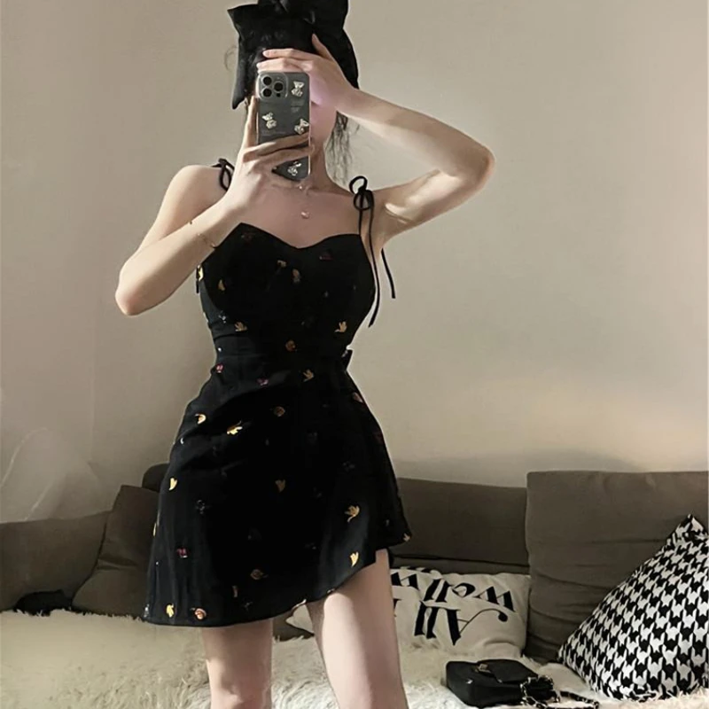 

Floral Strap Bow Black Dress Summer Y2K Retro Mini Fashion Aesthetic Club Party Sexy for Women A-line Outfits Bandage Vintage