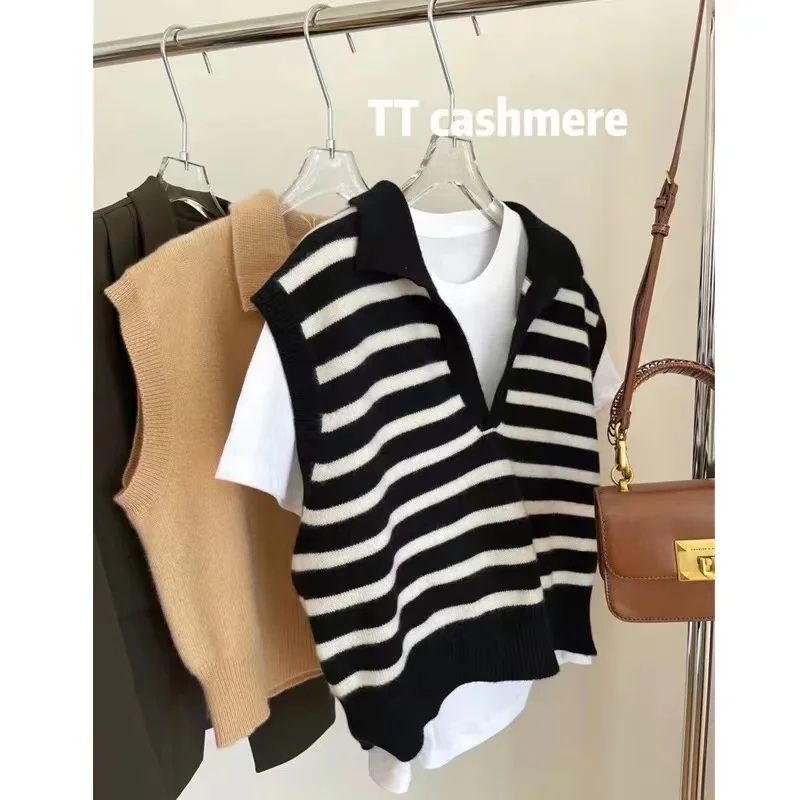 Ретро полосатый отворот поло шерстяной жилет для женщин осень и зима ленивый
