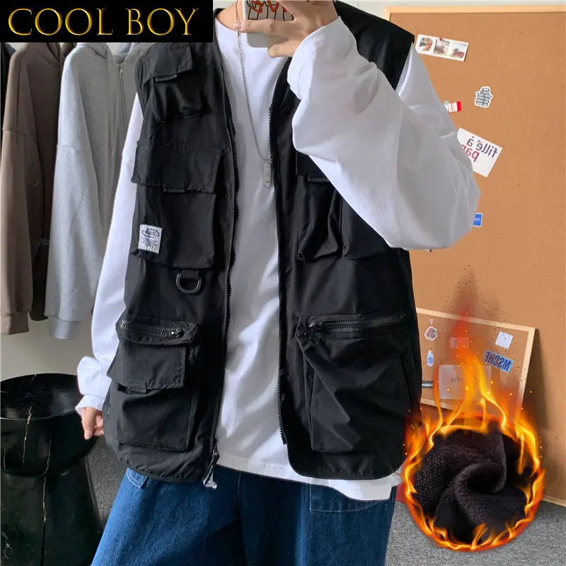 

J GIRLS J GIRLS Vests Men Multi-pockets Chic Plus Size 3XL Tactic Teens Japanese Plus Velvet Chic Jackets Hip-hop Coat