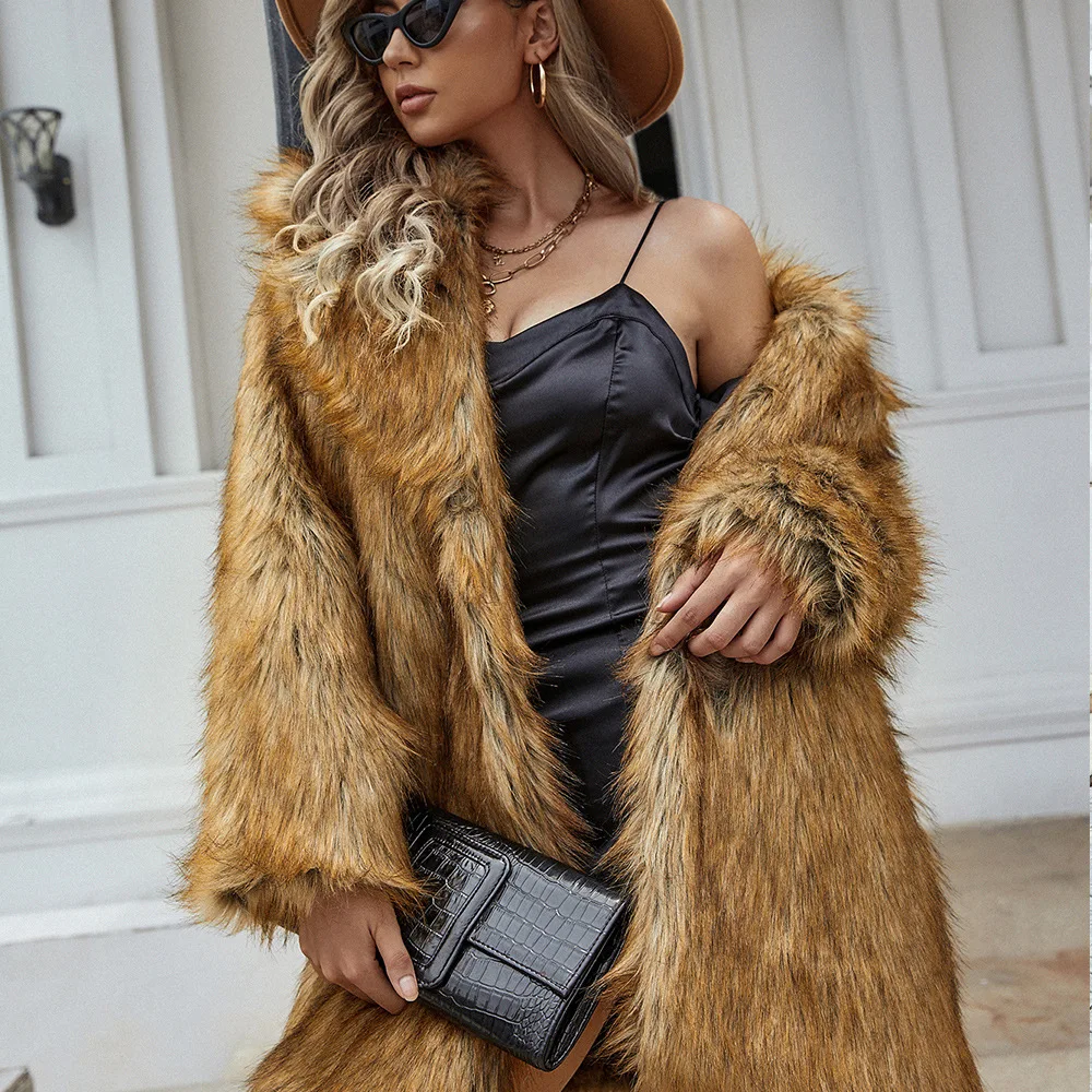 Women's Leather Fur Coat Mid-Length Imitation Fox Fur Faux Fur Coat Women Faux Fur Coat