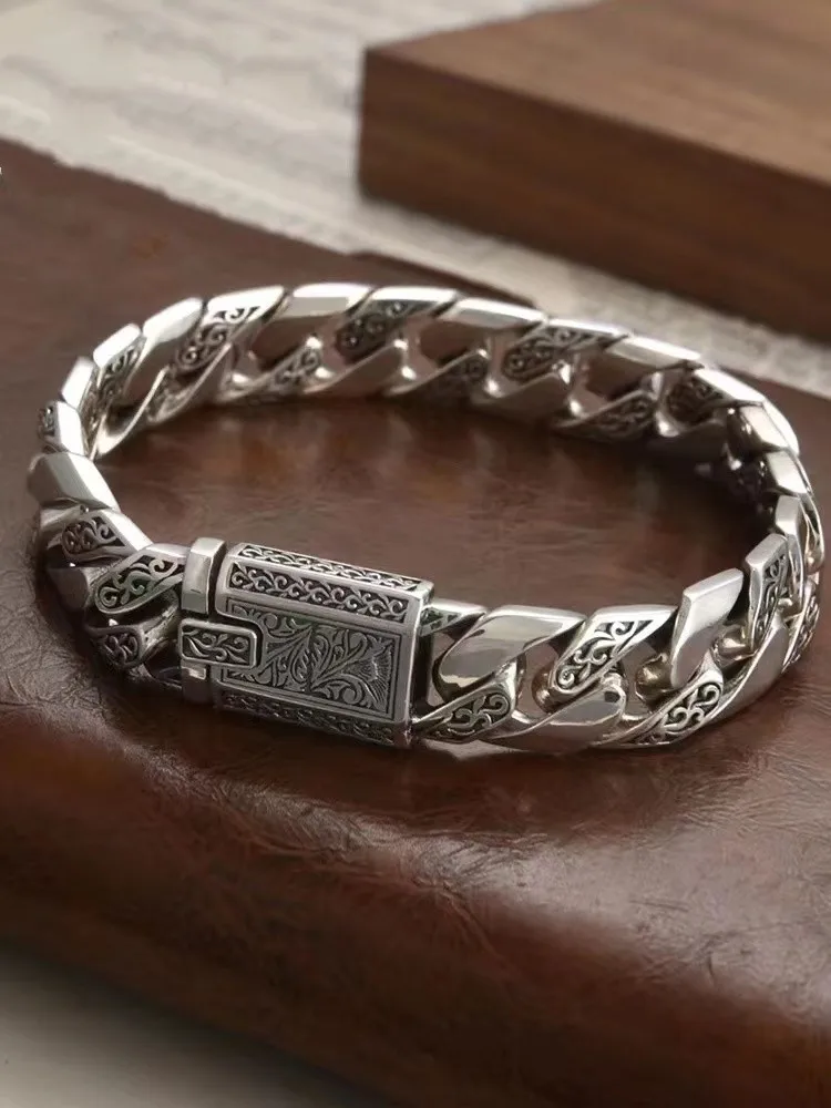 

LongLongjinsu S925 старый винтажный жесткий Сумасшедший браслет ручной работы для пар, мужской ротанговый узор, высококачественный модный нишевый ...