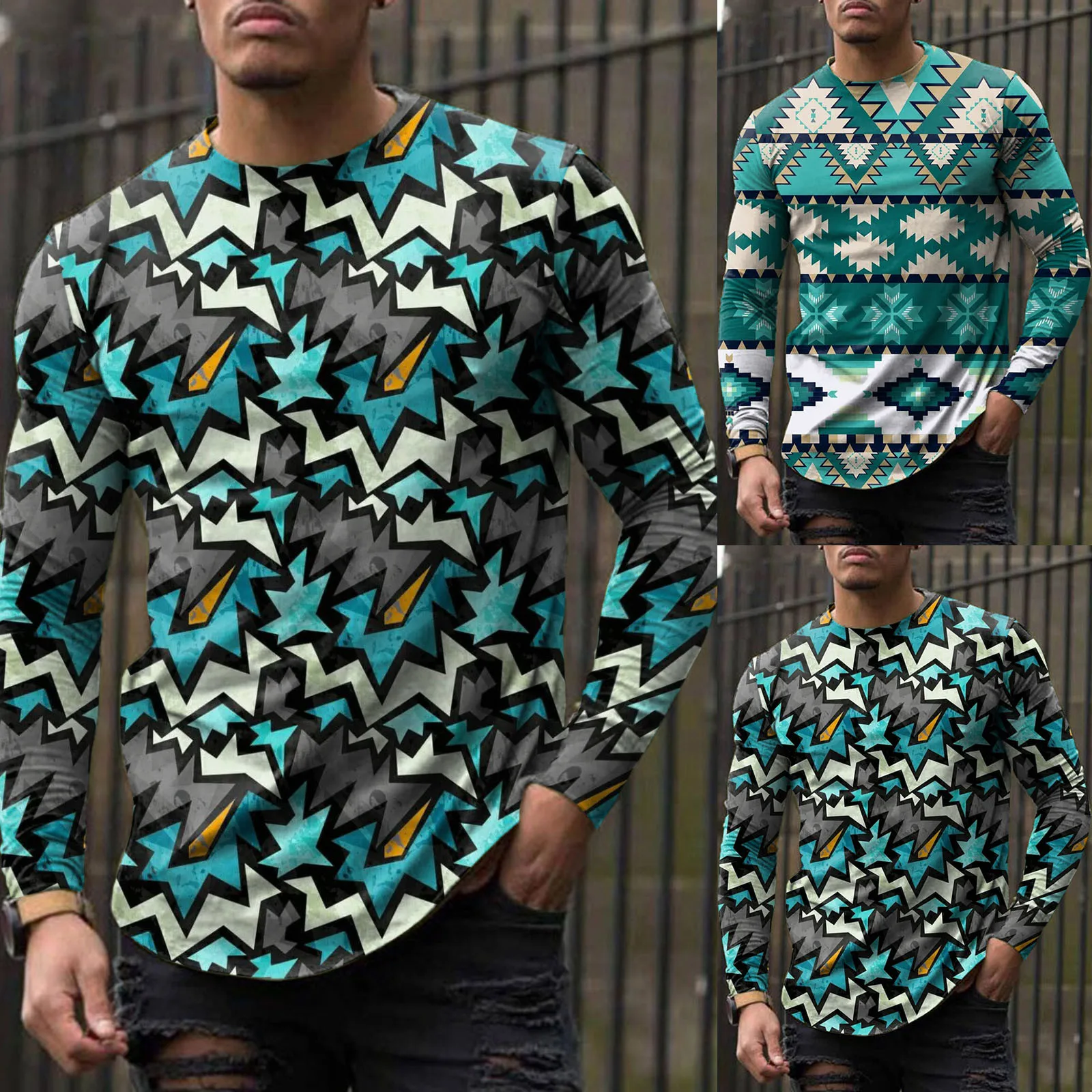 

Blouse Spring Neck Round Sleeve Casual Printed Long Men's Top T-shirt Street Wear Blouse Tops For Spring Autumn Vintage Print