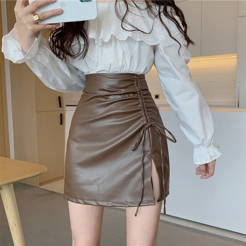 

new 2023 women's design sense slim leather drawstring split hip skirt DQ660