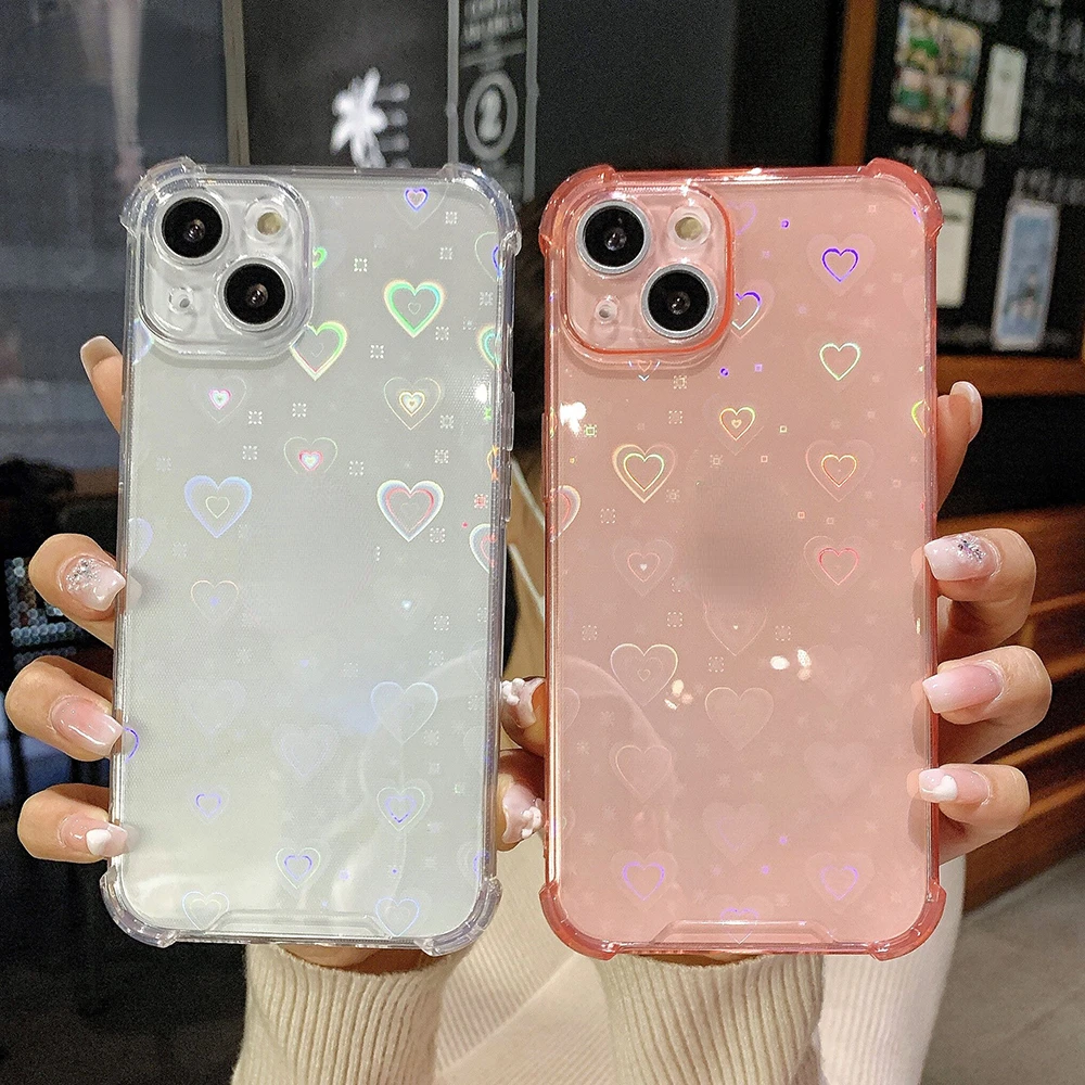 

New Fashion For iPhone 13 12 11 Pro Max Mini XS X XR 7 8 Plus SE 2020 Soft Clear Buffer Cover Reflective Holographic Love Heart