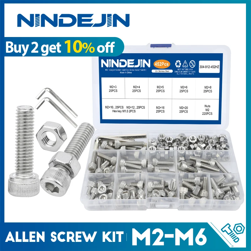 

NINDEJIN Hexagon Hex socket allen head cap screw kit m2 m2.5 m3 m4 m5 m6 stainless steel bolt nut set DIN912