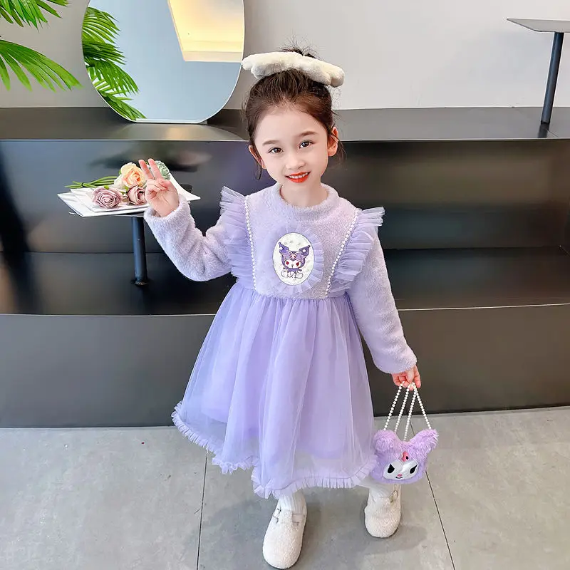 

Sanrio Kuromi Children's Dress Plus Velvet Thicken Winter Mink Velvet Princess Skirt Cartoon Kawaii Anime Figure Soft Keep Warm