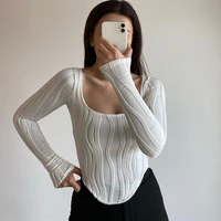 ins2022 summer new french design pleated u neck simple solid color slim long sleeve sexy t shirt wrap knit top women crew neck