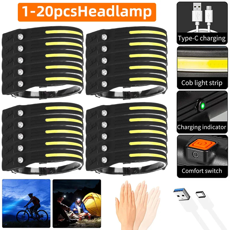 1-20PCS Induction Headlamp COB LED Head Lamp USB Rechargeable Flashlight 4 Modes Lighting Work Torch For Fishing Lantern |