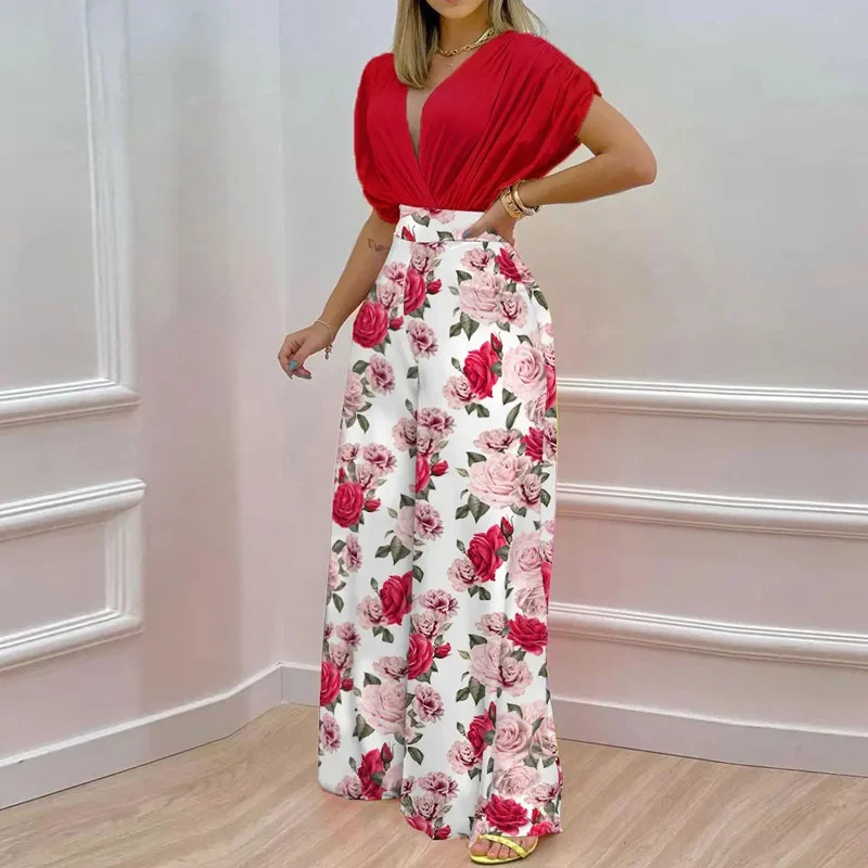 

2023 Europe and the United States spring and summer new temperament V-neck printed wide leg pants fashion casual women's suit
