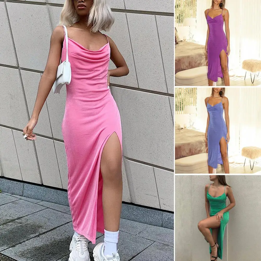 

Sexy 2023 Women Dress Elegant Sling Long Split Sexy Streetwear Polyester Sleeveless Design Ladies Dress Spring Clothing