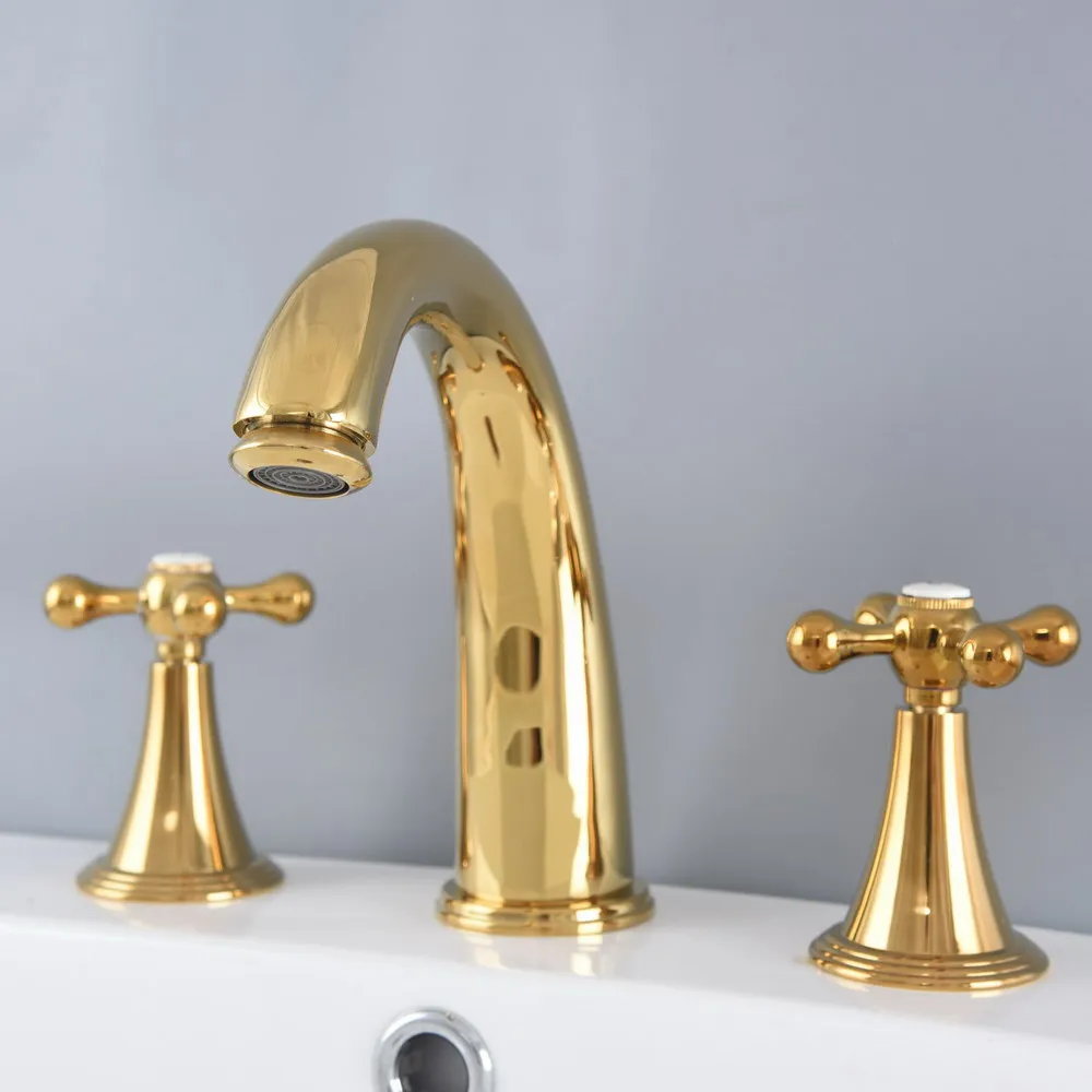 

Gold Color Brass Widespread Dual Handle Bathroom Washing Basin Mixer Taps Deck Mounted 3 Holes Lavatory Sink Faucet anf989