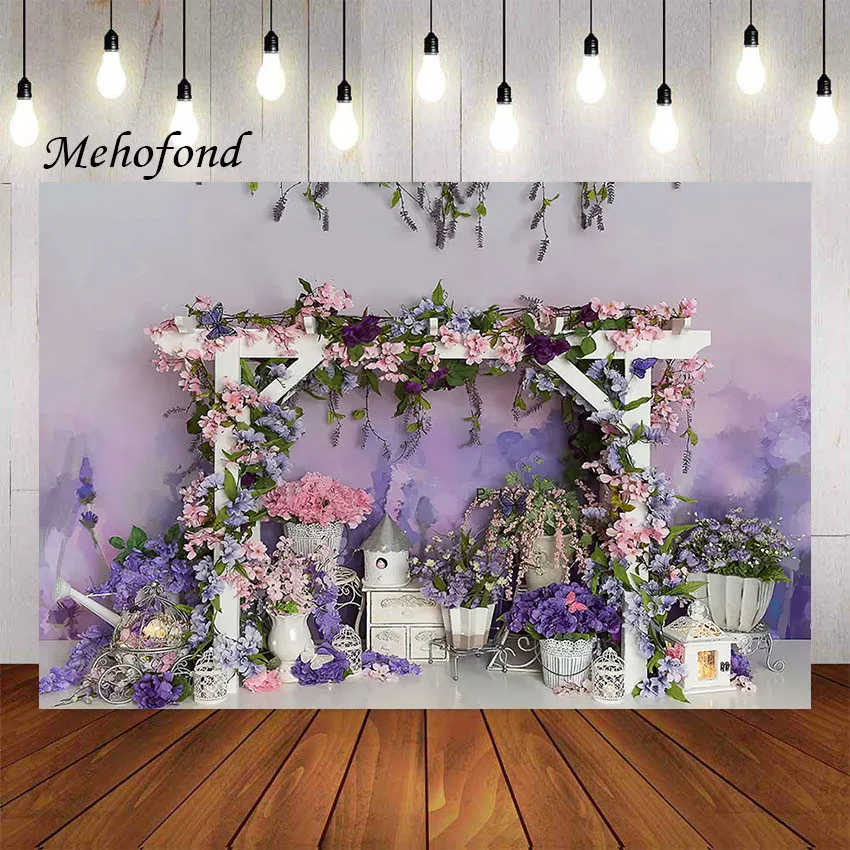 

Mehofon Photography Background Watercolor Purple Floral Flower Garden Girl Birthday Party Cake Smash Decor Backdrop Photo Studio