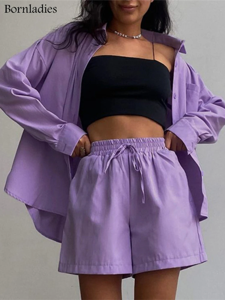 

Bornladies Stylish Cotton Casual Women Two Piece Short Sets Summer High Waist Green Shirt Suit Set Fashion 2 Pieces Sets 2022