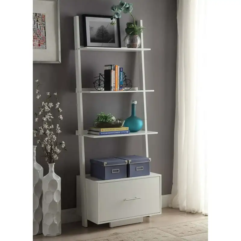 

Ladder Bookcase with File Drawer, White