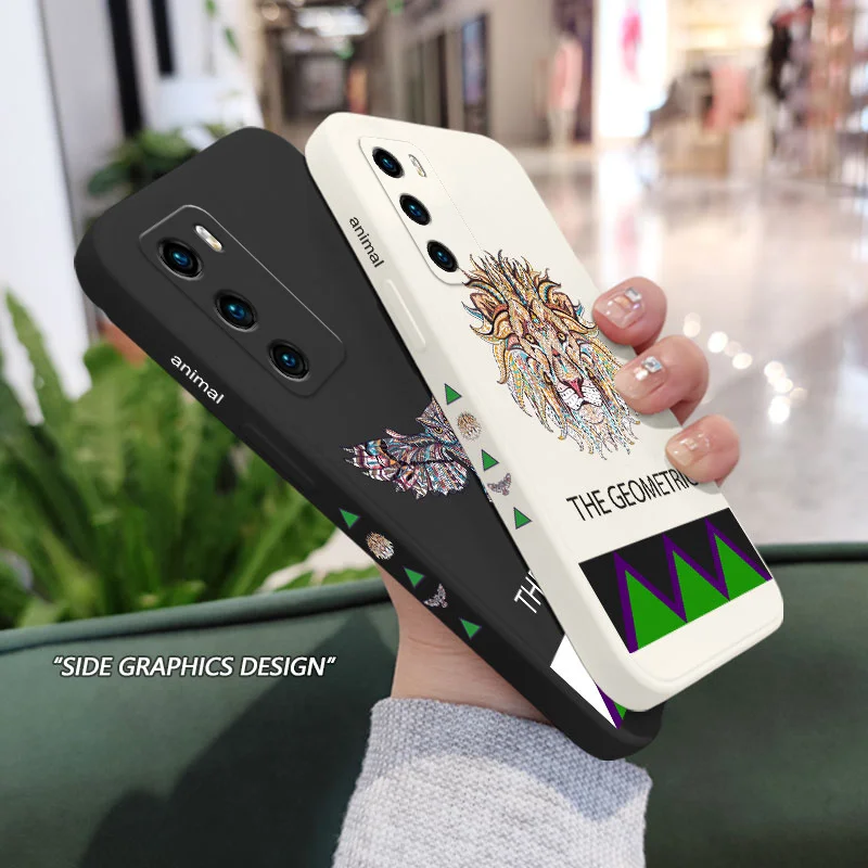 

Geometric Lion Phone Case For Huawei P40 P50 P30 P20 Pro Lite Nova 5t Y7A Mate 40 30 20 Pro Lite Liquid Silicone Cover