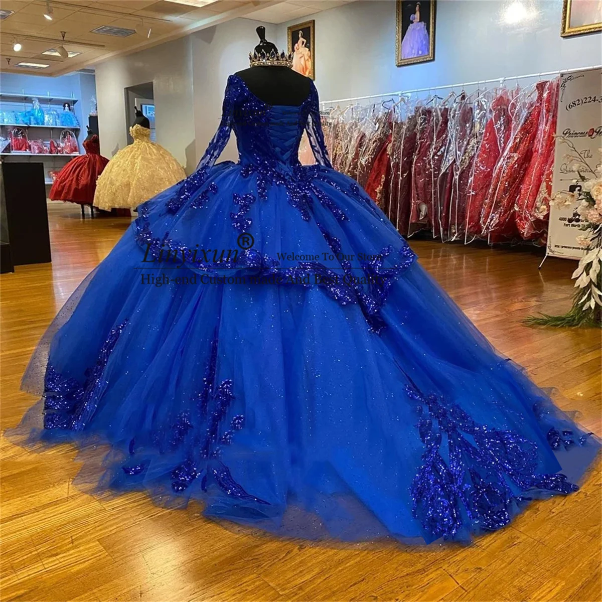 

Блестящее бальное платье принцессы, платья для Quinceanera с длинными рукавами, кружевное милое платье с аппликацией 16, кружевное платье со шлейф...