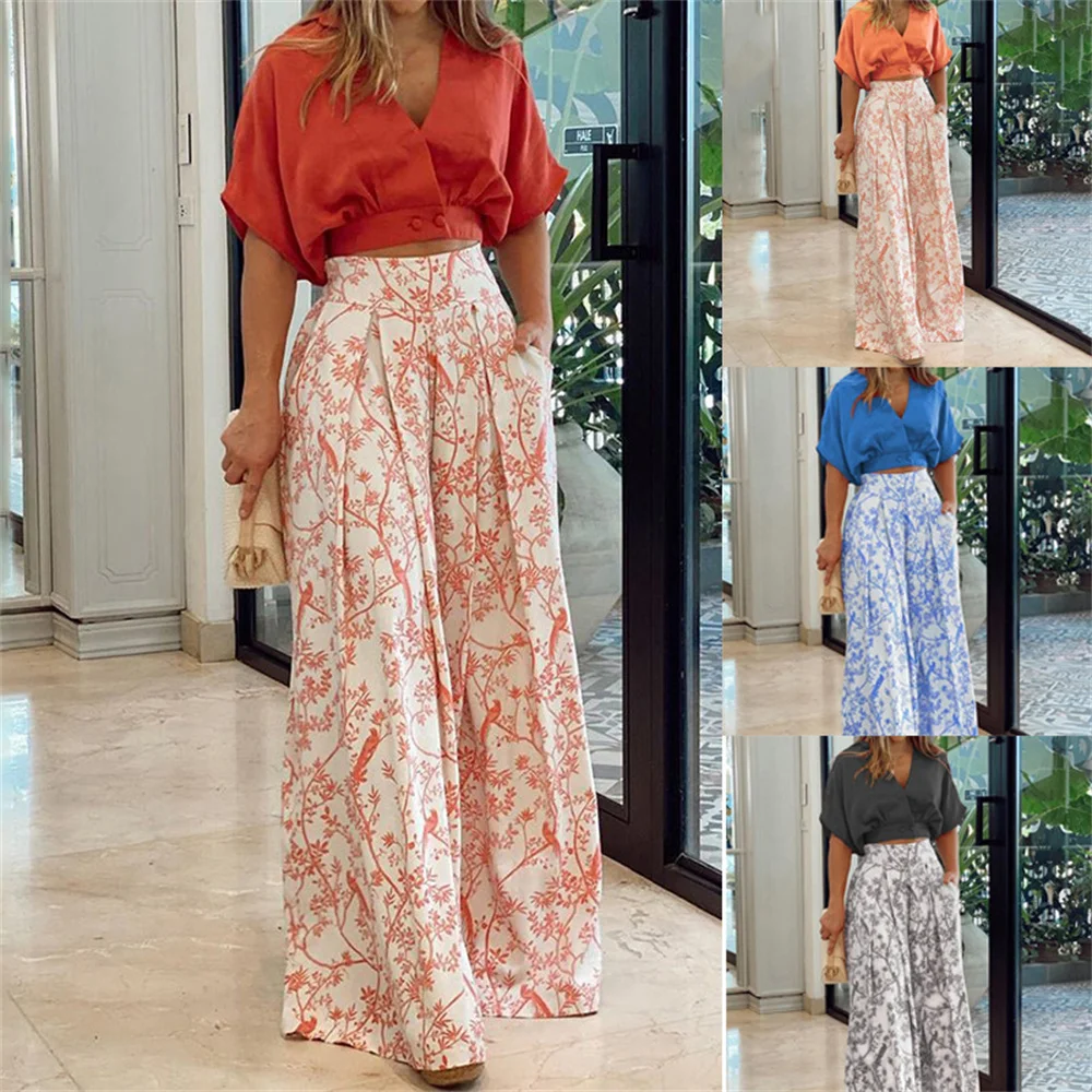 

Chic Women Two Piece Sets 2023 New in Elegant Ladies V-neck Short Top and Print Wide Trouser Suits Female Summer Pant Sets