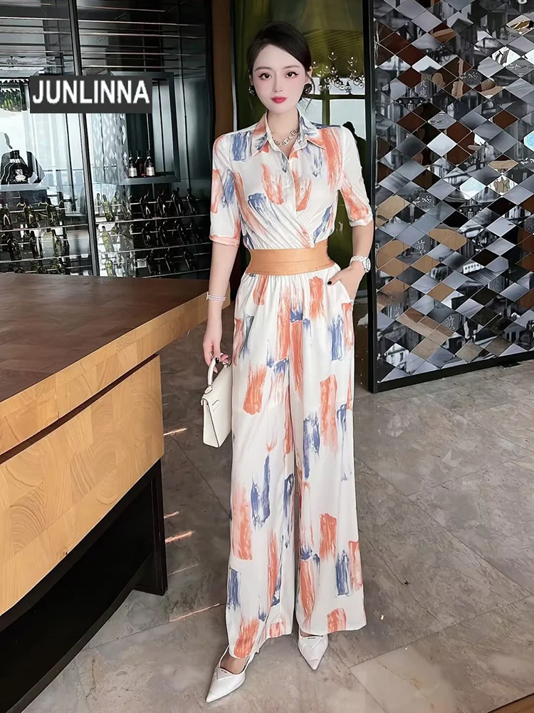 

JUNLINNA Fashionable Women's Pantsuits Summer New Abstract Printed Shirt+Trousers Two Piece Sets Empire High Street