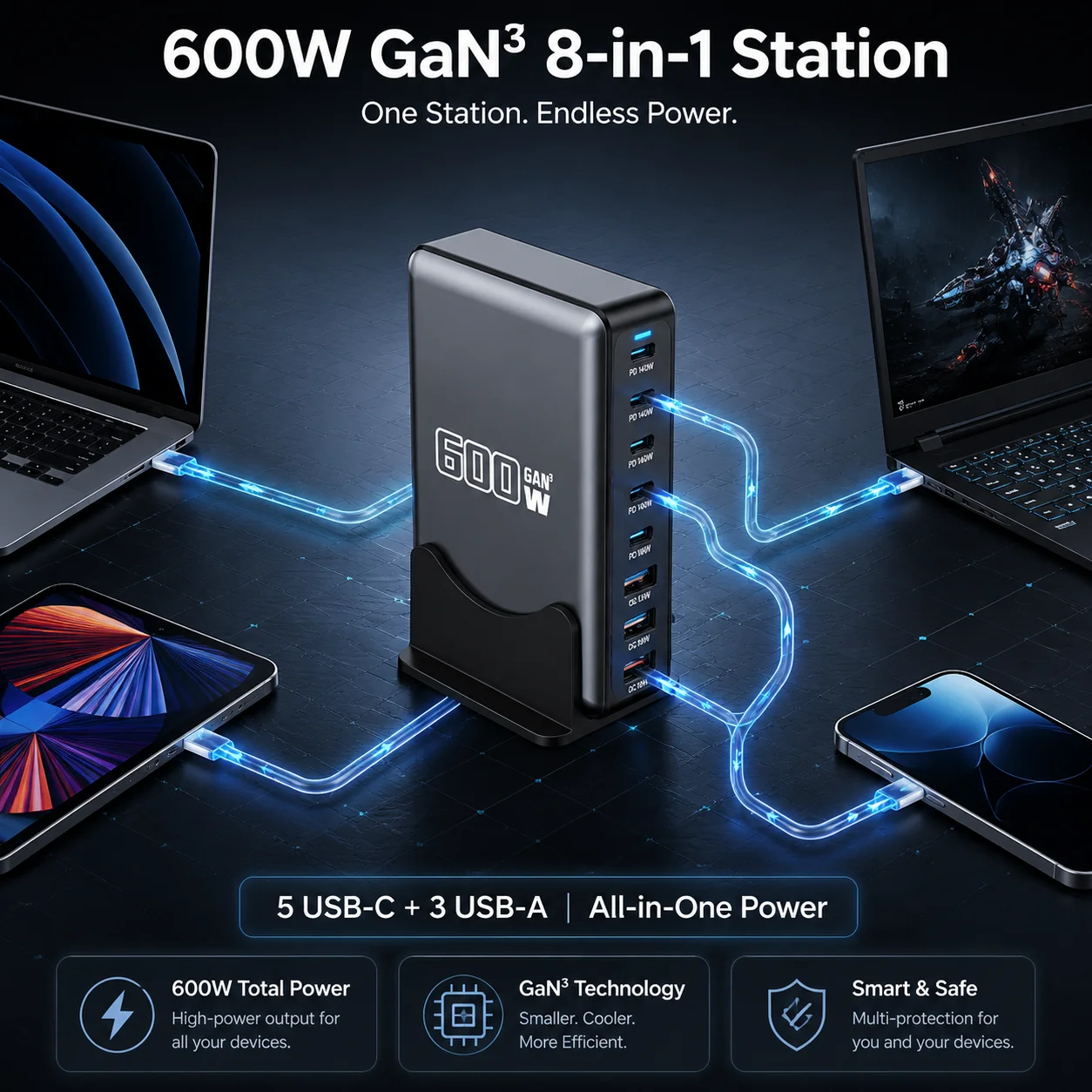 Фото Зарядная станция GaN 600 Вт с несколькими портами USB-C, быстрое зарядное устройство 140 Вт PD PPS с одним портом для MacBook, iPhone, Pixel, ноутбуков и Android №1