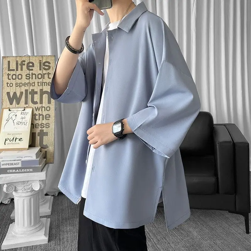 Men's Three-quarter Sleeve Inch Shirt Thin Ice Silk Split Short-sleeved Shirt Summer Drape Top