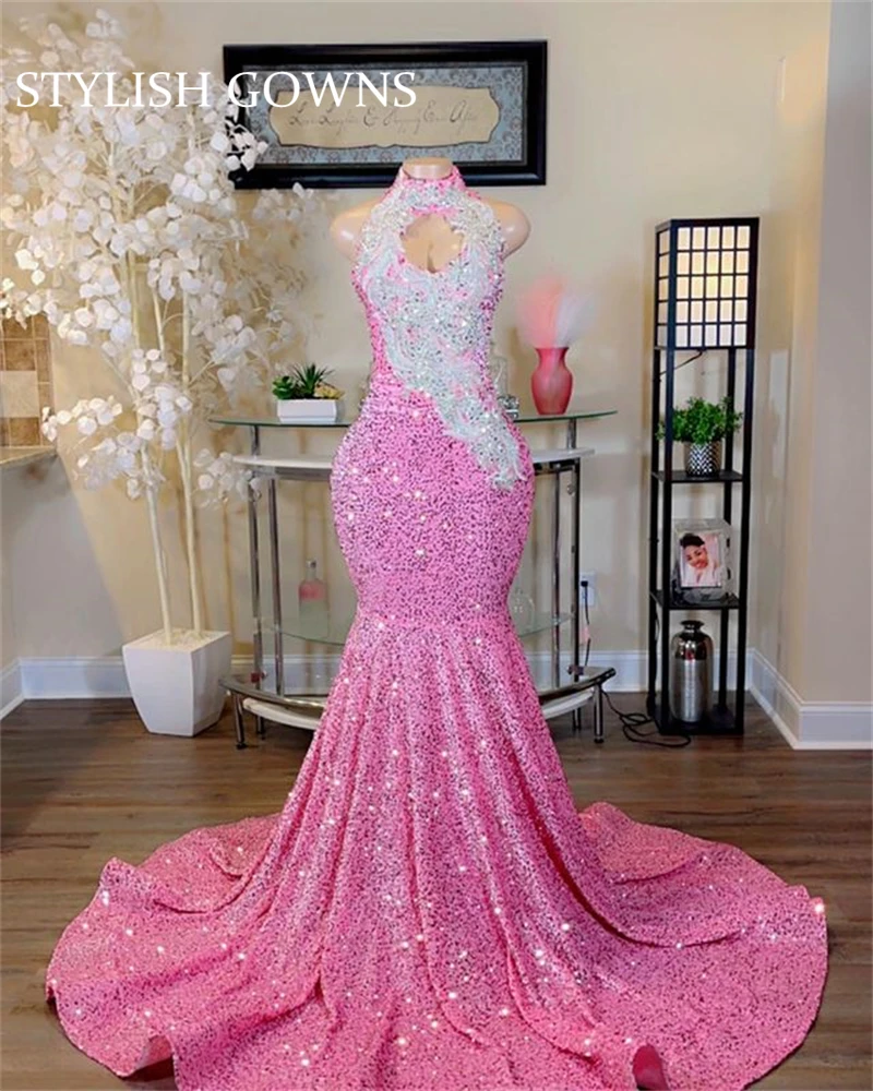 

Sparkly Pink High Neck Long Prom Gowns For Black Girls Beaded Sequined Appliuqes Birthday Party Dresses Mermaid Evening Dress