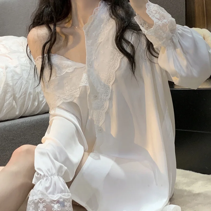 

Женская сексуальная ночная рубашка, кружевная ночная рубашка в стиле пэчворк, интимное белье, весна-лето, свободная шелковая атласная одежда для сна, домашнее платье