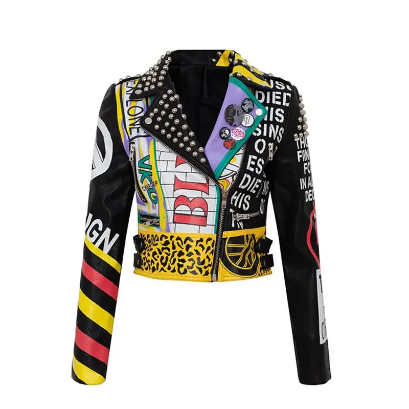Women's spring and autumn new street hip-hop rock punk style personality girl pattern graffiti print badge rivet leather jacket