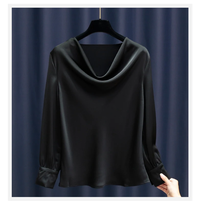 Fashion high-grade airy neckline satin blouse long-sleeved chiffon blouse Women Chiffon Blouse Shirt Elegant images - 6