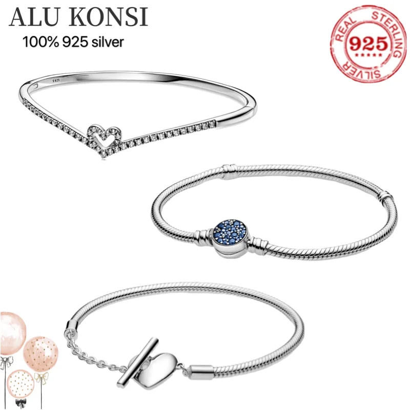 

New Hot Sale 100% Real 925 Sterling Silver pan Love heart Blue crystal Bracelet for Women Fit Original Charms Bangle DIY Jewelry