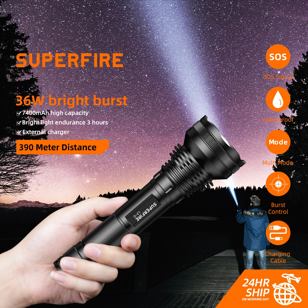 2022 SUPERFIRE L3-D 36W LED Torch 2700Lm Super Bright Torch 7400mAh Outdoor Lighting Lantern for Camping Fishing